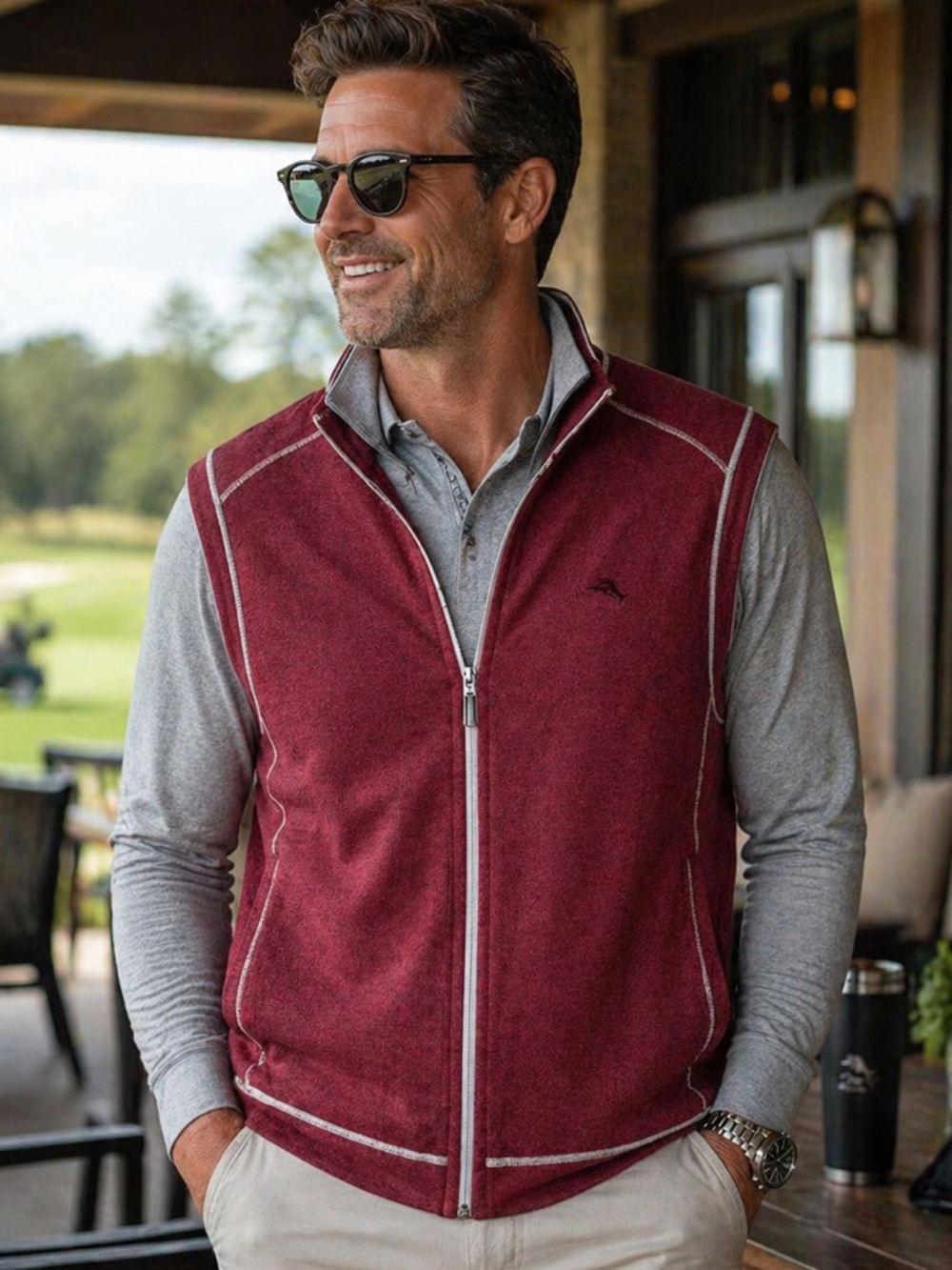 Tommy Bahama Men’s XXL Reversible Vest Gray Burgundy Full Zip Cotton Blend EUC!